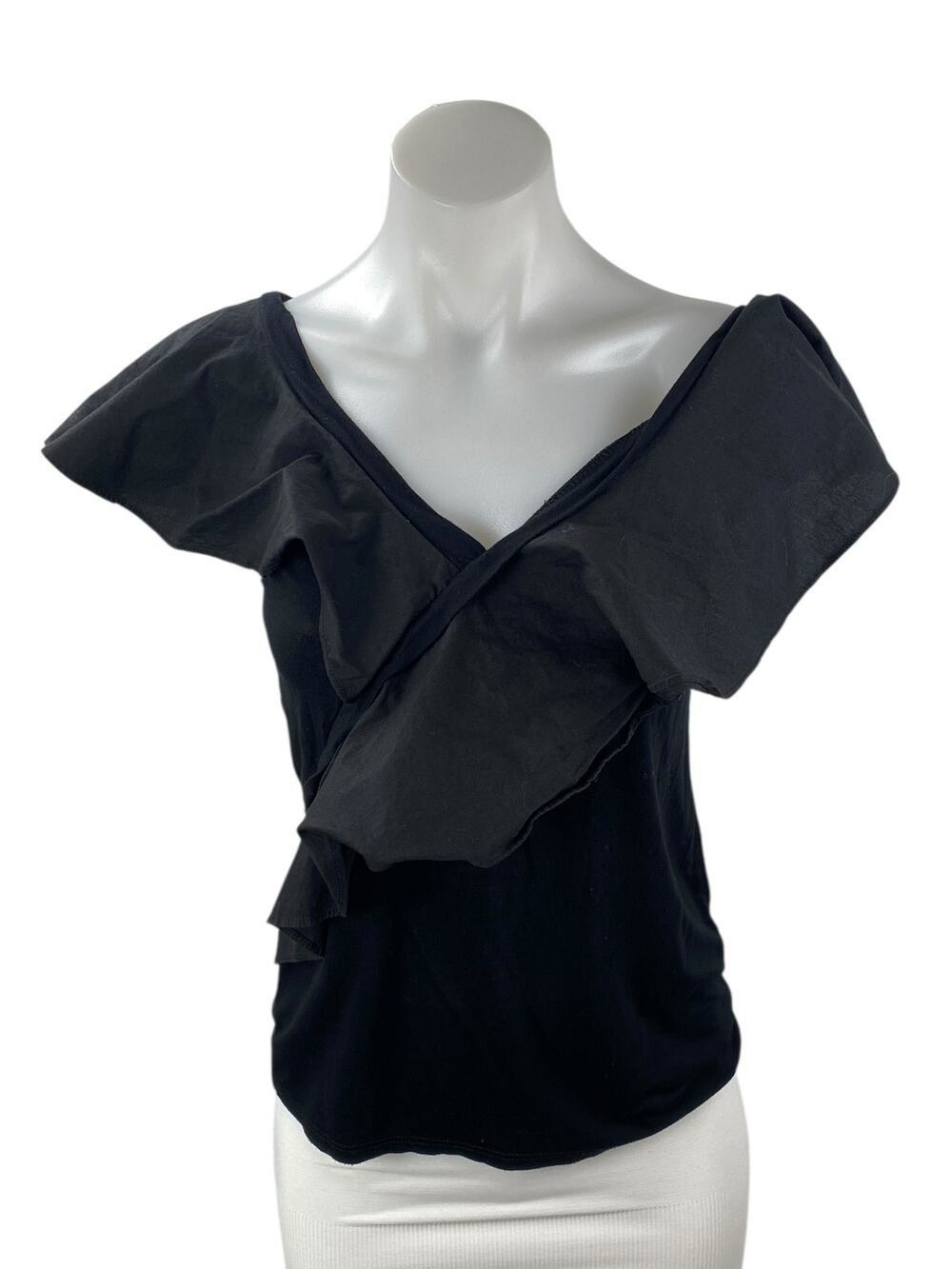 Pookie & Sebastian Womens Black Ruffle Sleeve Faux Wrap V Neck Blouse Top Size S